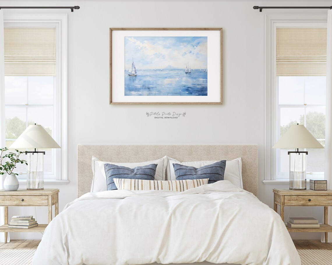 Blue Seascape Sailboats Watercolor Distant Mountain Horizon Poster - Image 2