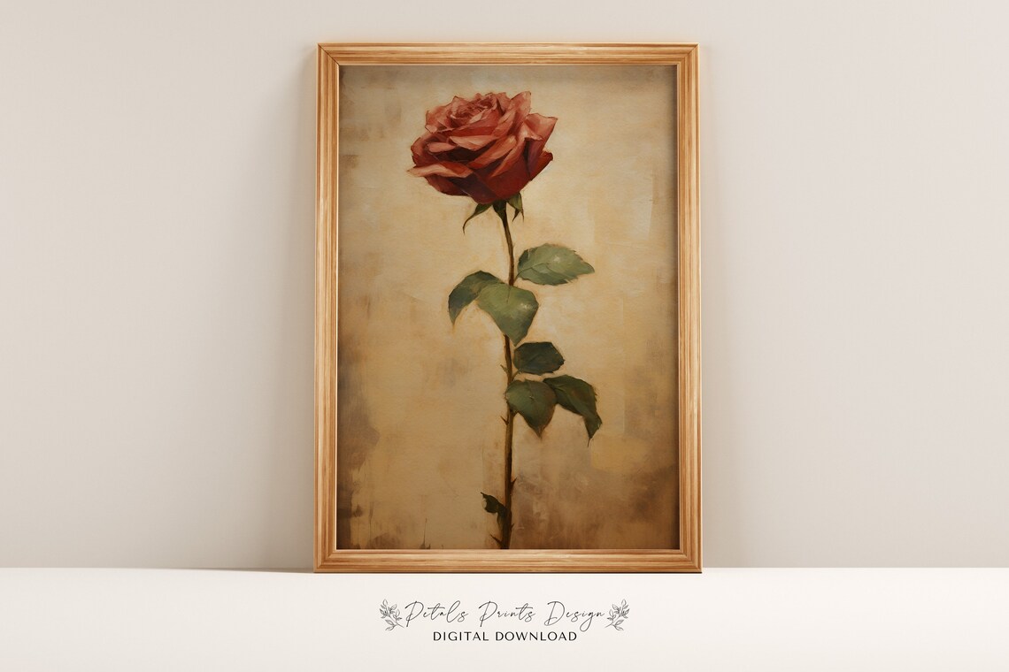 Single Red Rose Stem Textured Beige Background Vintage Floral Poster