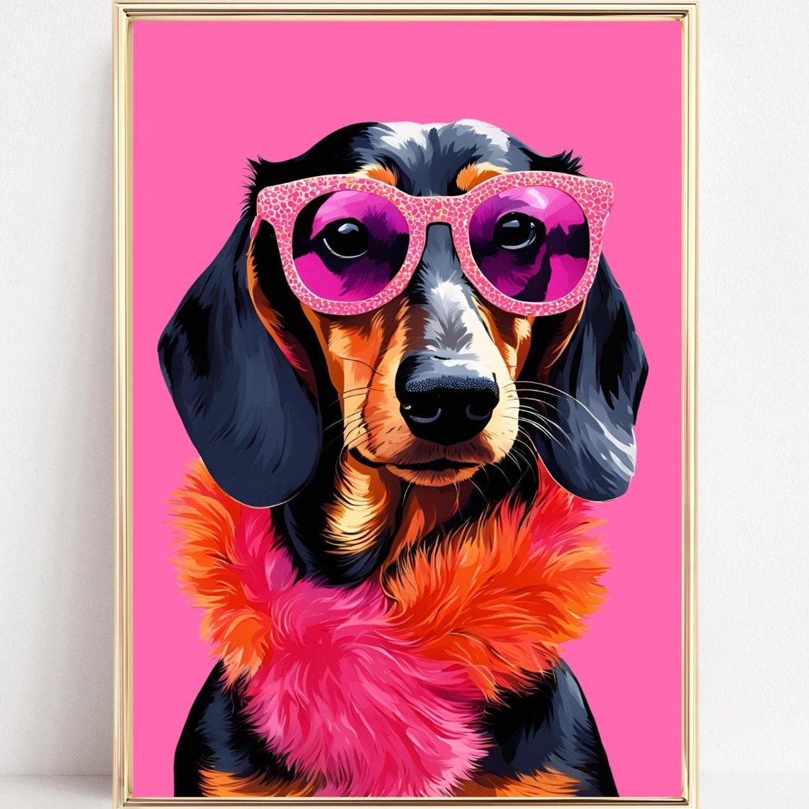 Diva Dachshund Leopard Sunglasses Feather Boa Pink Pop Wall Poster