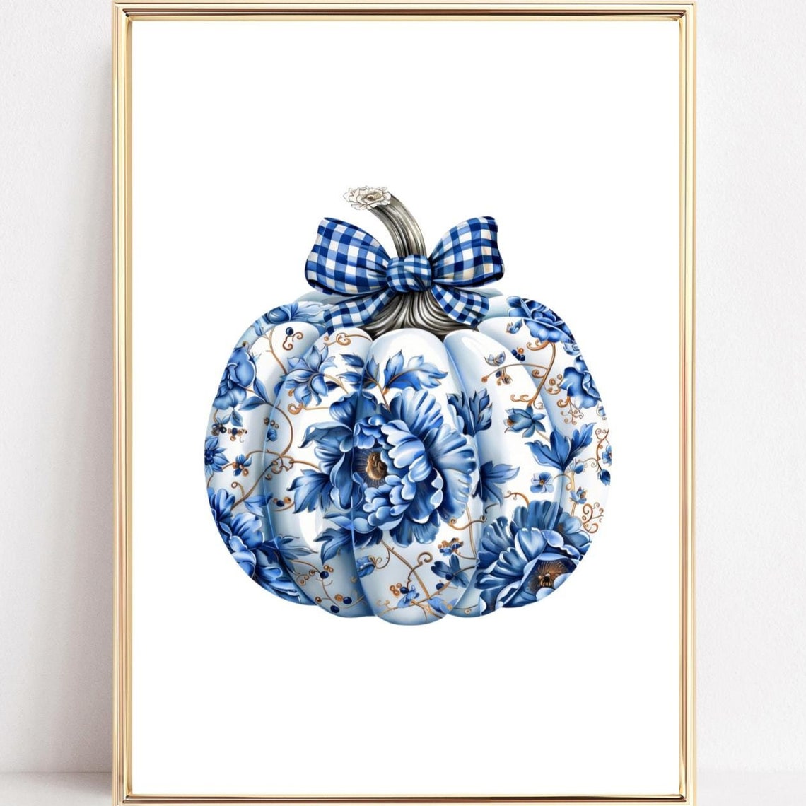 Blue Chinoiserie Floral Pumpkin Gingham Bow Fall Wall Poster