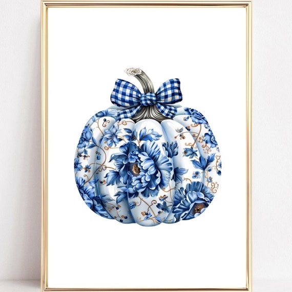 Chinoiserie Pumpkin Wall Art Blue Halloween Prints Preppy Halloween Decor Grand Millennial Pumpkin Art Cute Halloween Aesthetic Girly Art
