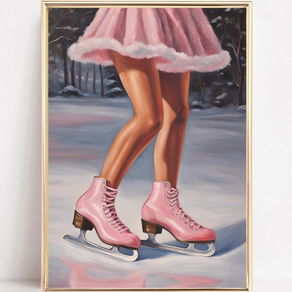 Pink Ice Skates Fur Trim Skirt Snowy Winter Scene Wall Poster