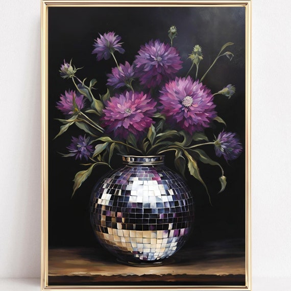 Disco Ball Moody Floral Art Wildflowers Disco Ball Poster Dark Cottagecore Maximalist Retro Funky Floral Print Eclectic Home Decor