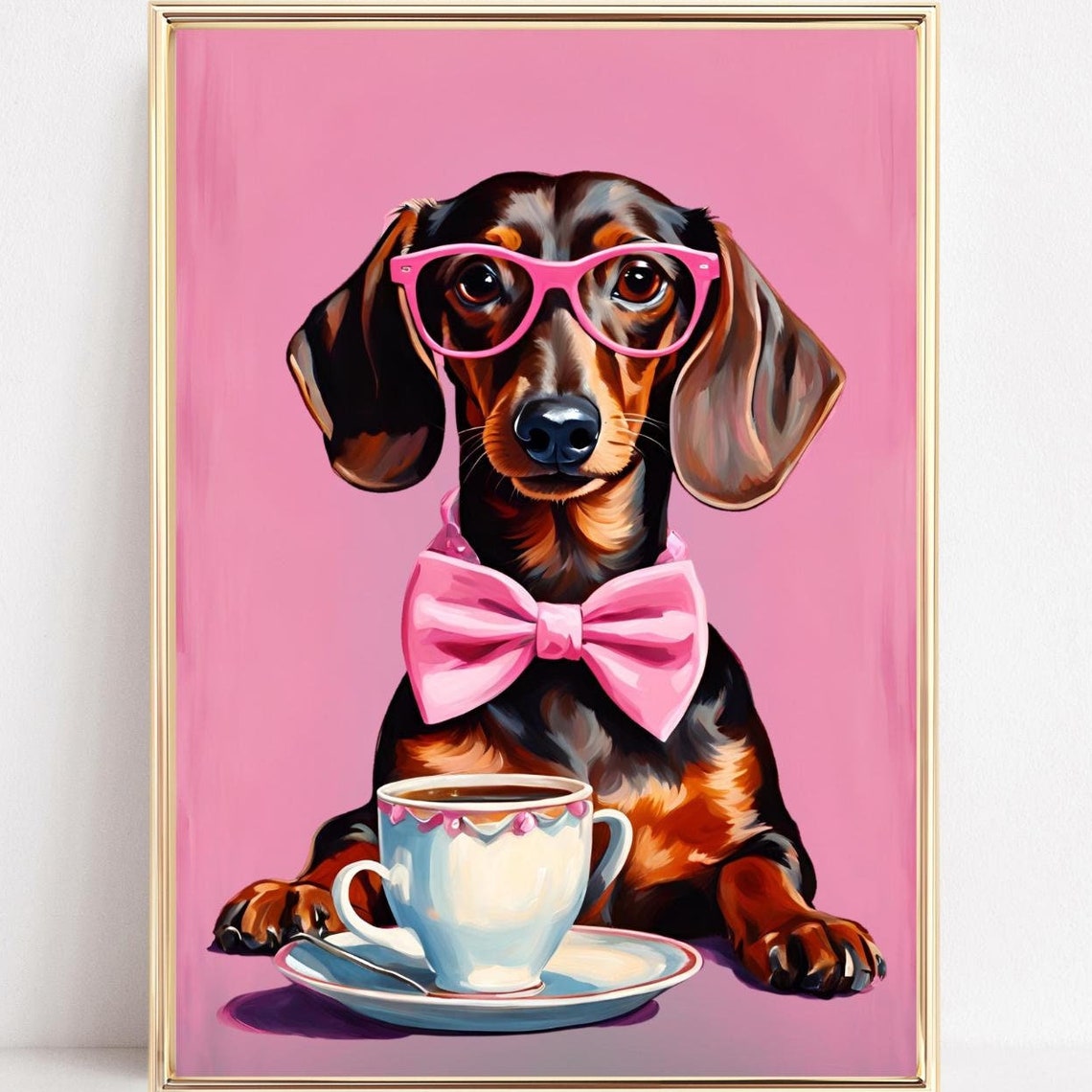 Dachshund With Coffee Cup Pink Glasses Bow Tie Funny Wall Poster