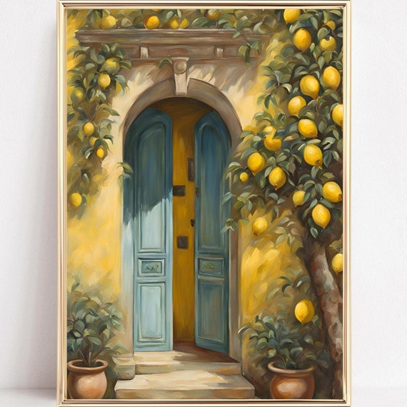 Mediterranean Wall Art Lemon Tree Art Print Italian Lemon Art Colorful Greece Print Rustic Blue Door Italy Print Mediterranean Decor
