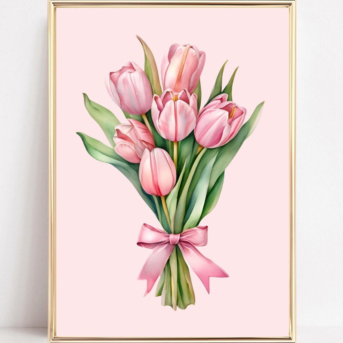 Pink Tulip Bouquet Tied with a Bow Watercolor Spring Decor Poster