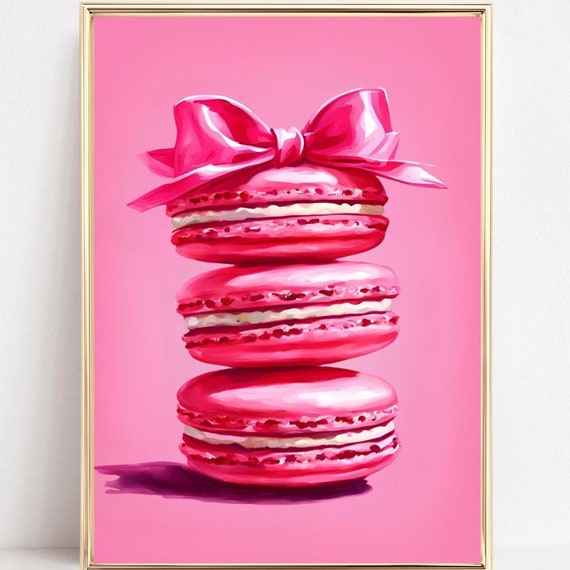 Pink Macarons Art Print Macarons Wall Art Macaron Pink Bow Poster Kitchen Painting Coquette Bow Decor Girls Dorm Aesthetic Pastel Art Print
