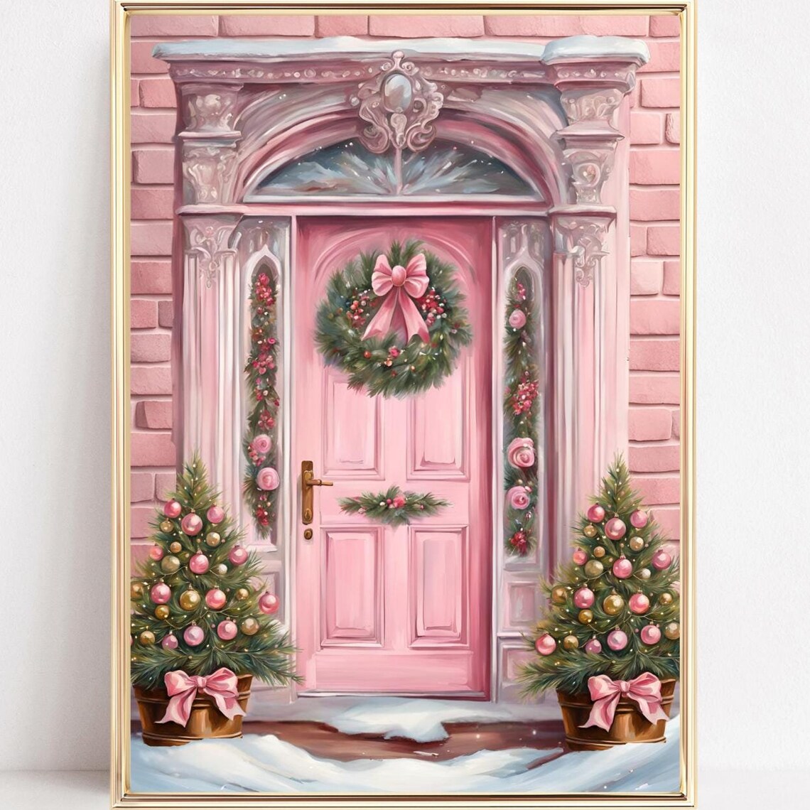 Pink Christmas Door with Wreath in the Snow Holiday Decor Poster