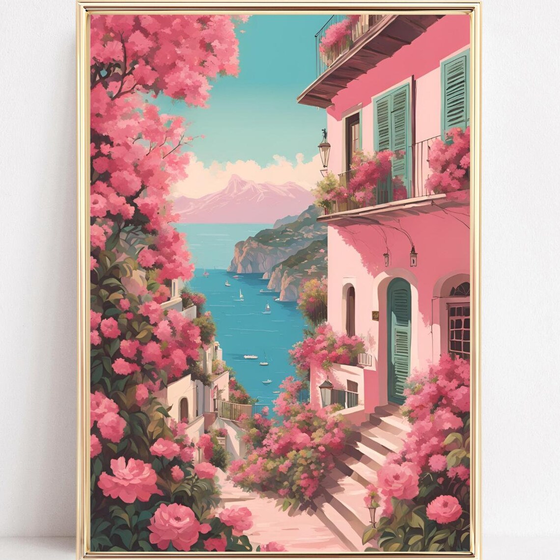 Amalfi Coast Bougainvillea and Blue Sea View Travel Decor Poster