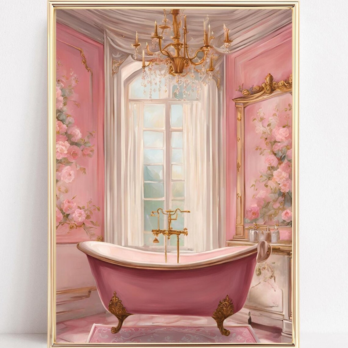 Pink Vintage Bathroom Clawfoot Tub Chandelier Floral Wall Poster