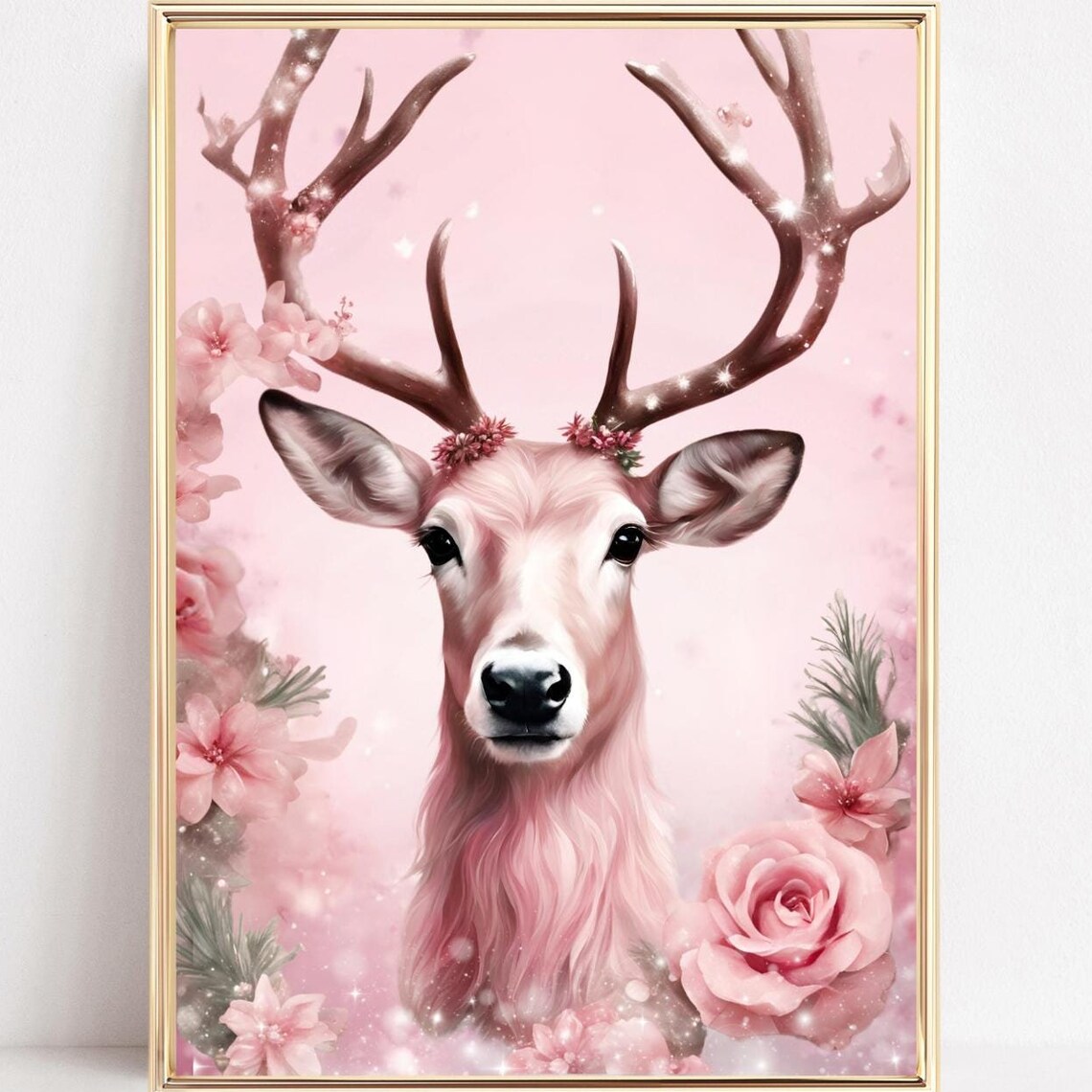 Pink Reindeer Portrait Sparkling Antlers Floral Christmas Poster