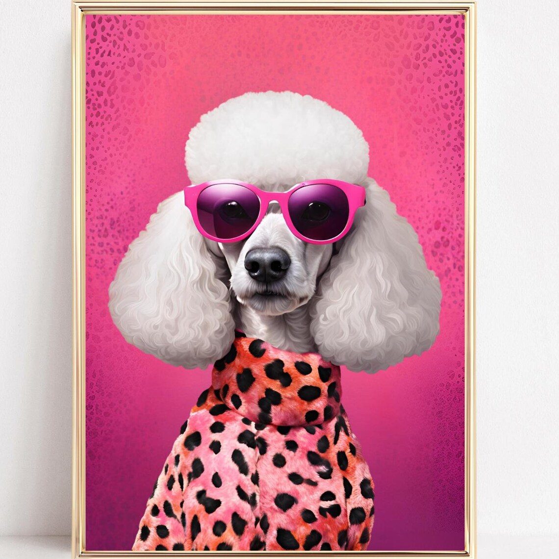 Pink Poodle Fashion Portrait Sunglasses Leopard Coat Wall Poster