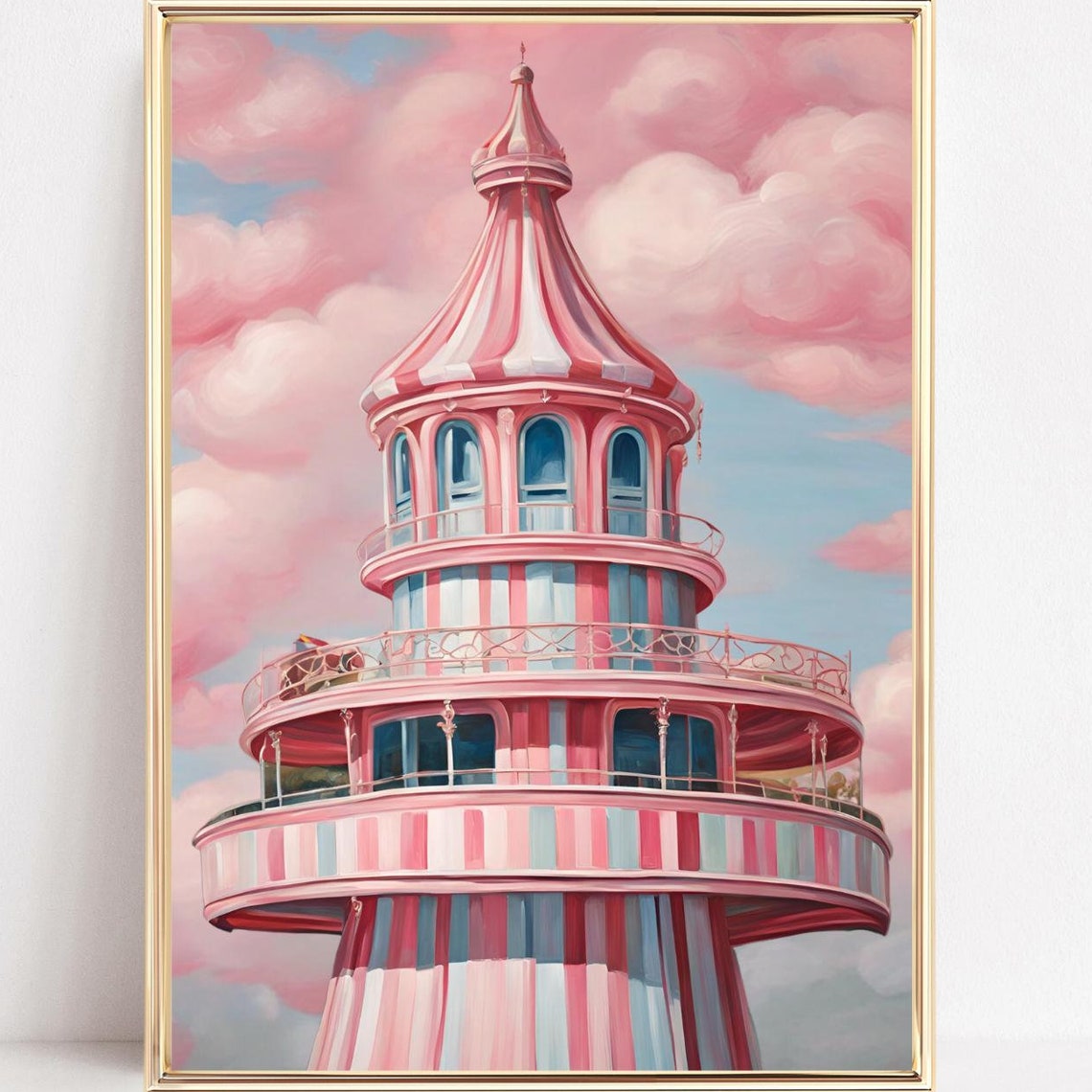 Pink Helter Skelter Tower Under Cotton Candy Clouds Art Poster