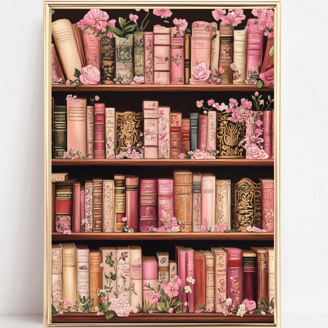 Vintage Pink Bookshelf with Roses Cozy Library Reading Poster