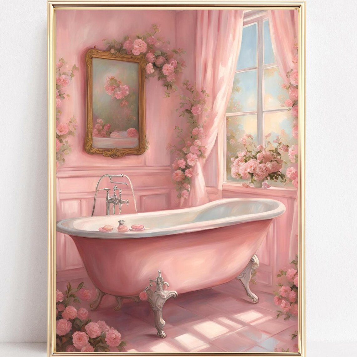 Pink Clawfoot Bathtub in a Floral Vintage Bathroom Art Poster