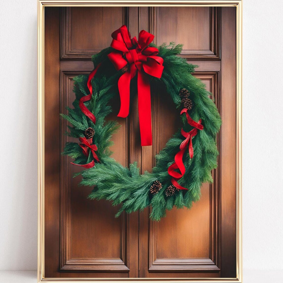 Evergreen Wreath with Red Bow on a Wooden Door Holiday Poster