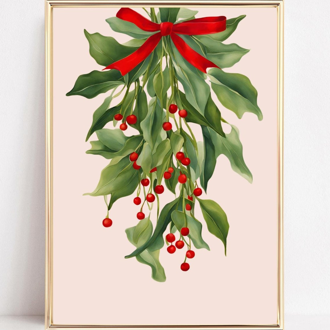 Christmas Mistletoe Swag with Red Bow and Berries Botanical Poster