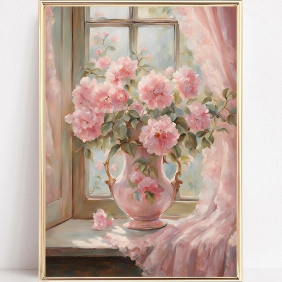 Pink Roses in a Vase by the Window Vintage Painting Decor Poster