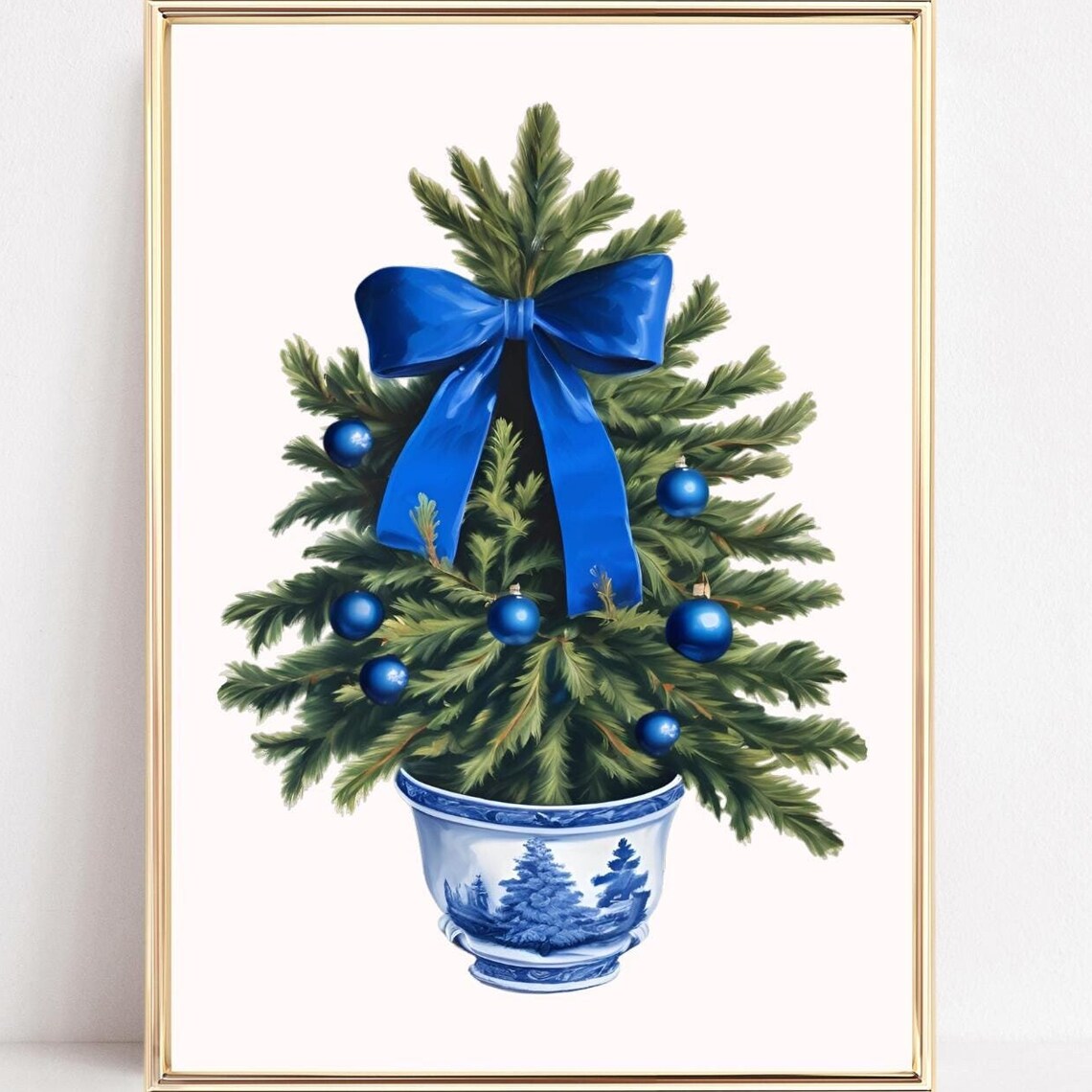 Chinoiserie Christmas Tree with Blue Bow and Ornaments Poster