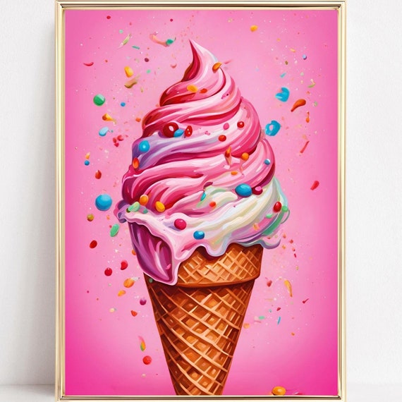 Ice Cream Cone Art Print Pink Ice Cream Poster Retro Food Art Vintage Ice Cream Wall Art Kitchen Prints Kids Room Decor Pink Dorm Aesthetic