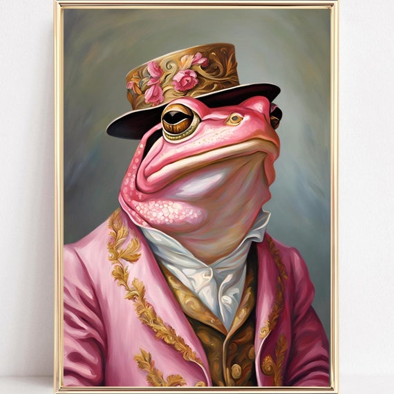 Maximalist Frog Portrait Print Quirky Animal Wall Art Funky Animal Poster Pink Frog Fashion Painting Colorful Altered Art Eclectic Aesthetic