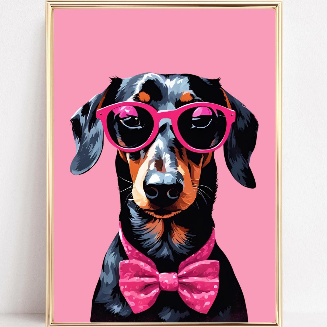 Dachshund Pink Sunglasses Polka Dot Bow Tie Pop Art Wall Poster
