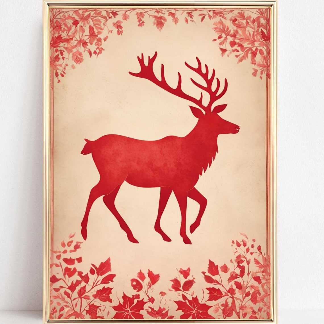 Red Reindeer Silhouette with Botanical Border Holiday Poster