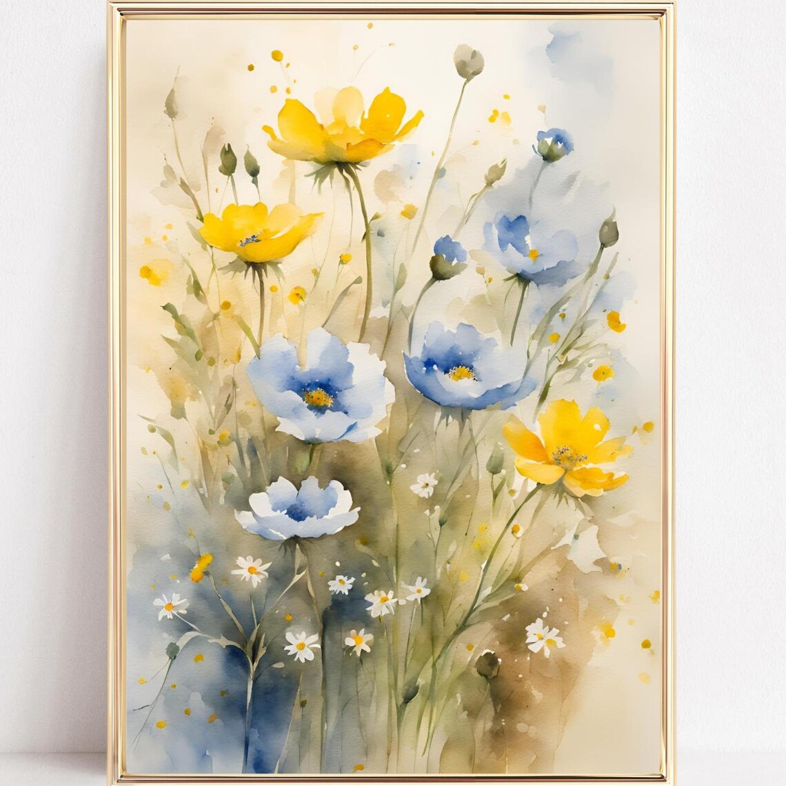 Watercolor Wildflower Meadow Yellow Blue Blooms Spring Wall Poster
