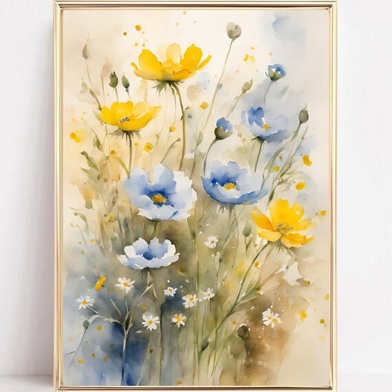 Watercolor Wildflower Meadow Yellow Blue Blooms Spring Wall Poster