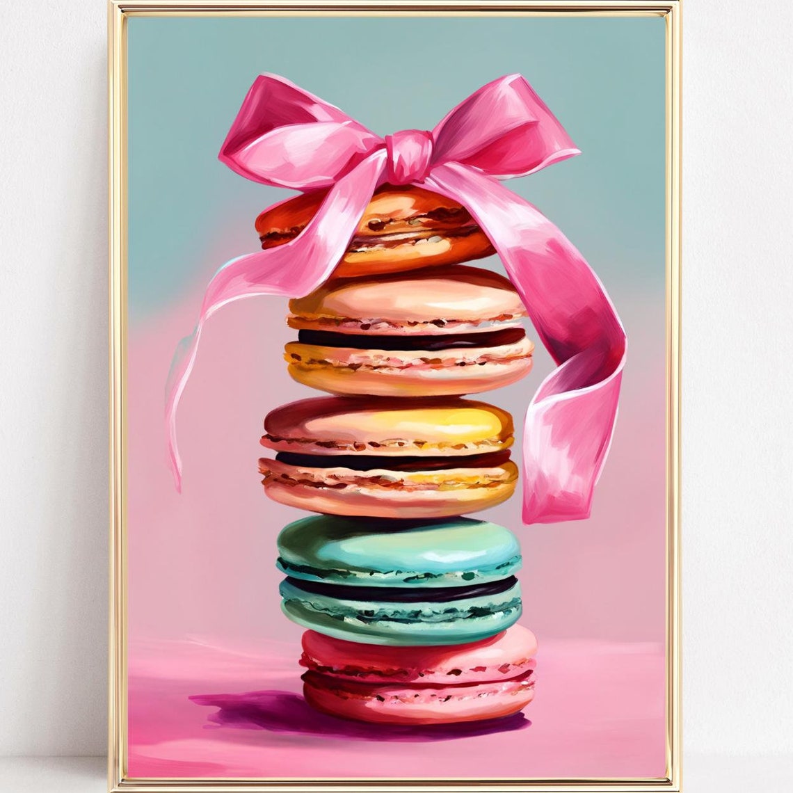 Stack of Pastel Macarons Tied with a Pink Ribbon Sweet Poster