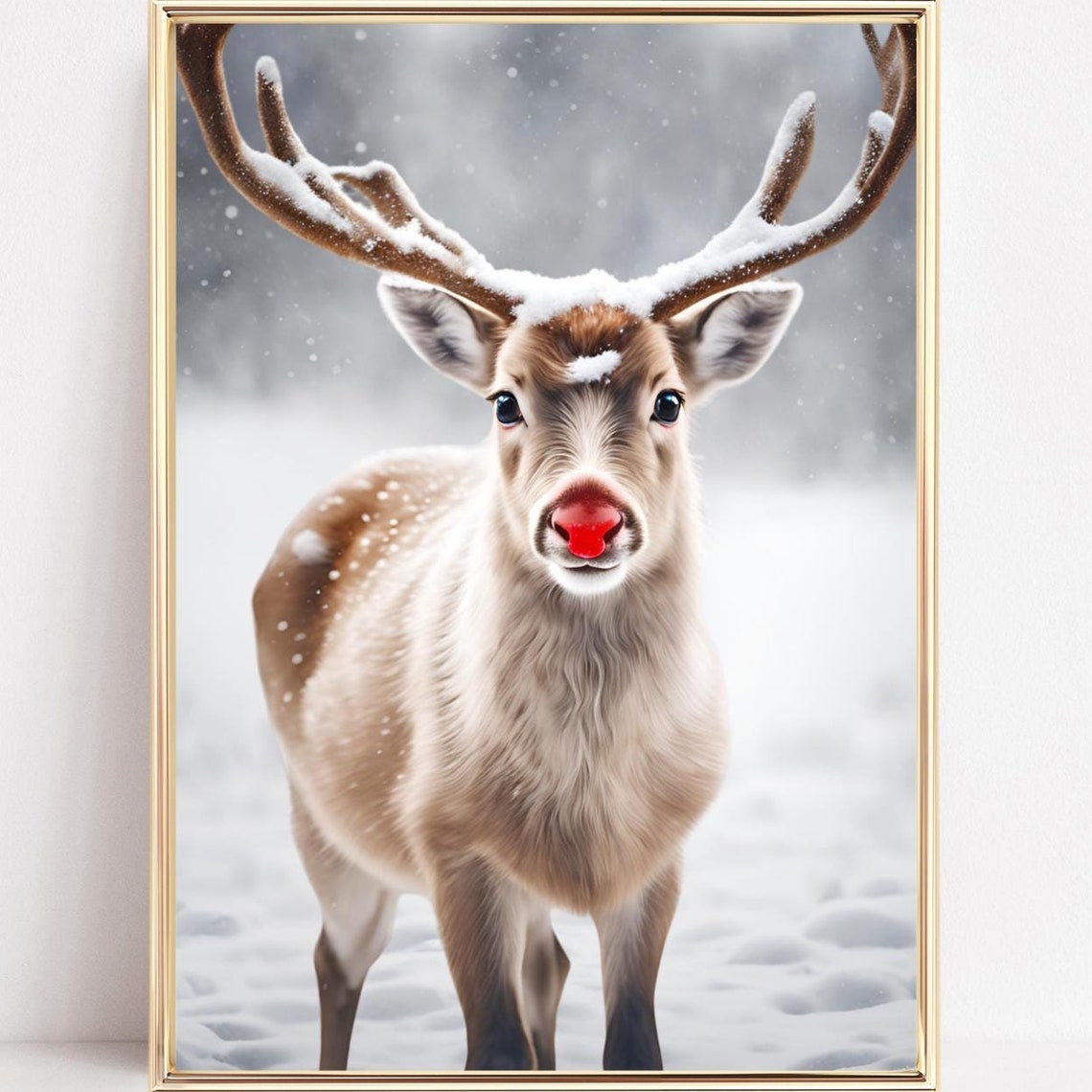 Adorable Red Nose Reindeer Standing in Falling Snow Winter Poster