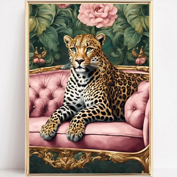 Leopard Reclining On Pink Tufted Baroque Chaise Lounge Poster