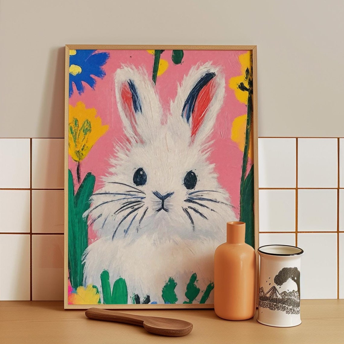 Fluffy White Bunny Rabbit Portrait Among Spring Flowers Poster