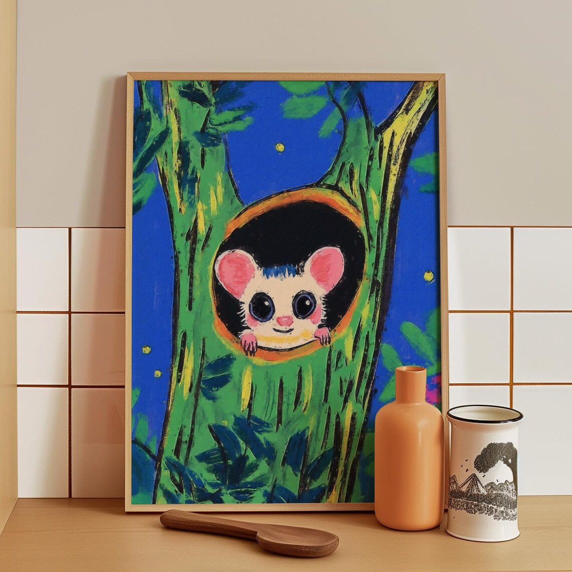 Big Eyed Dormouse Peeking Out of a Tree Hollow at Night Poster