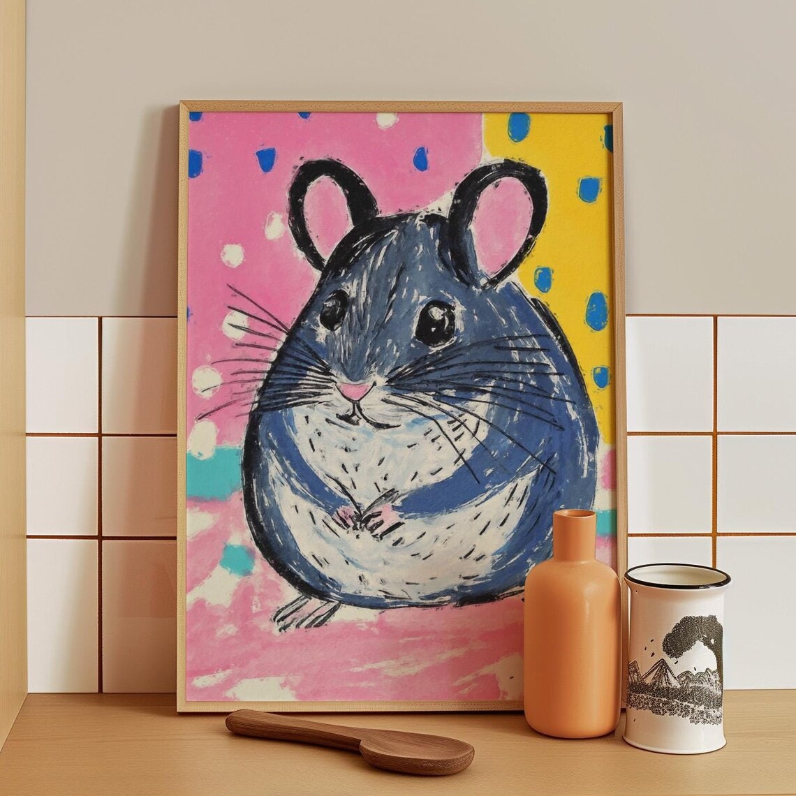 Chubby Blue Grey Mouse Portrait on a Colorful Polka Dot Poster