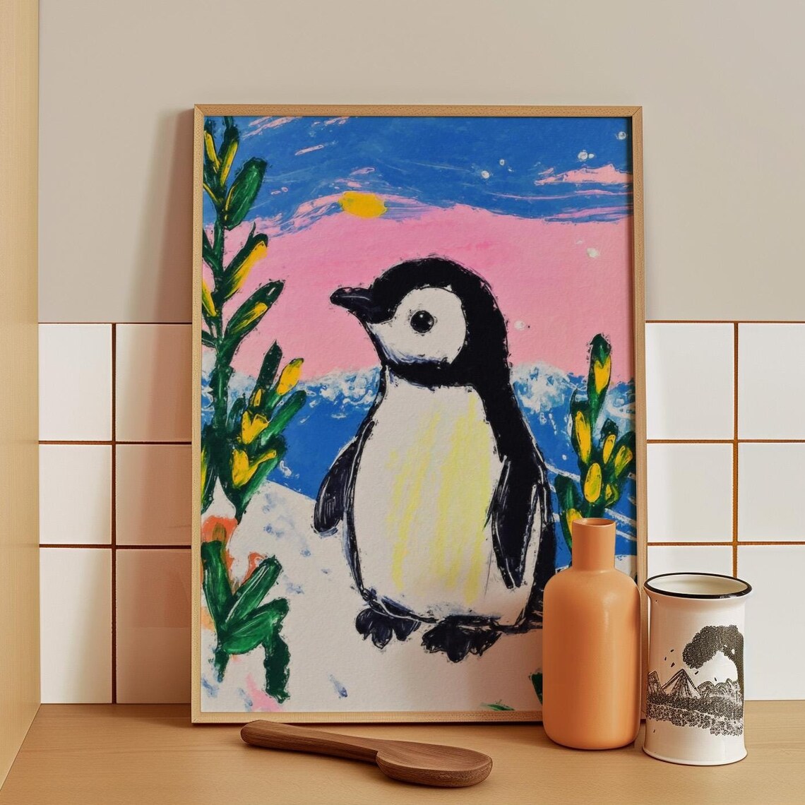 Sweet Penguin Standing in a Pastel Arctic Sunset Landscape Poster