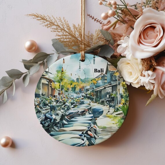 Bali Scooter Street Market Watercolor Travel Souvenir Ornament Wall Art
