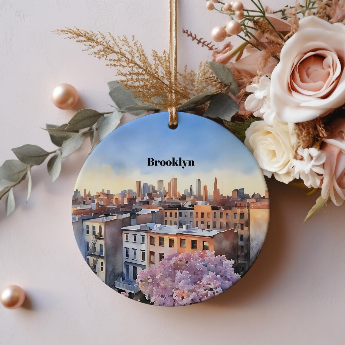 Brooklyn Brownstones Skyline Christmas Ornament Travel Poster
