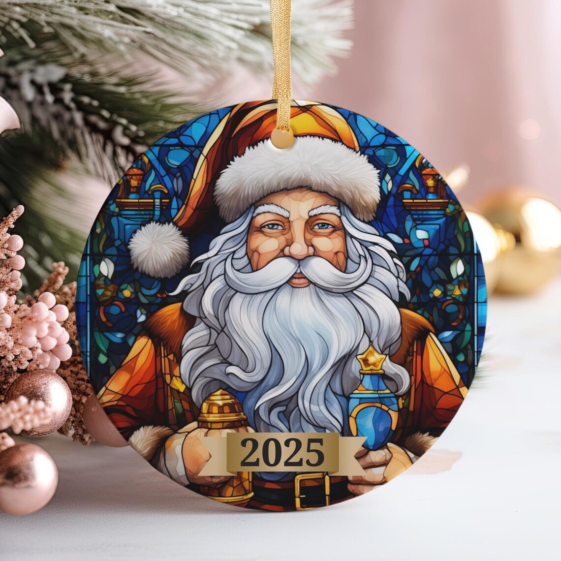 Santa Claus 2025 Stained Glass Christmas Ornament Holiday Print