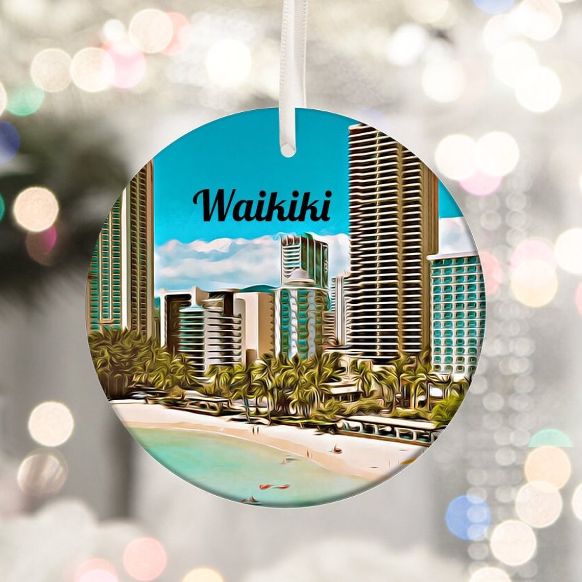 Waikiki Beach Honolulu Hawaii Palm Trees Skyline Round Travel Poster