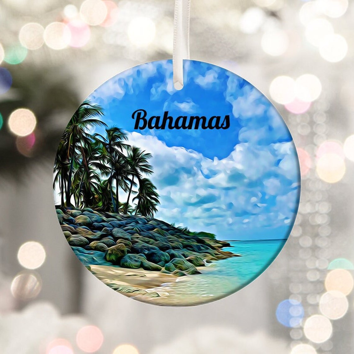 Bahamas Tropical Beach Palms Christmas Ornament Souvenir Print