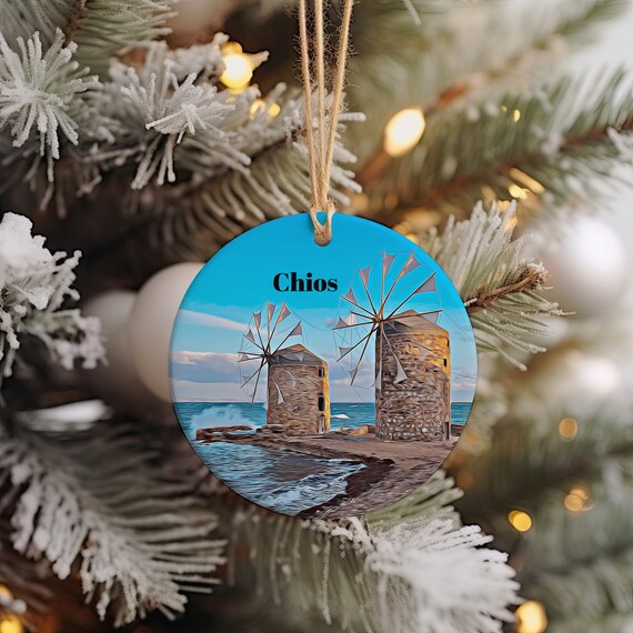 Chios Greece Windmills Seaside Christmas Ornament Travel Keepsake Poster