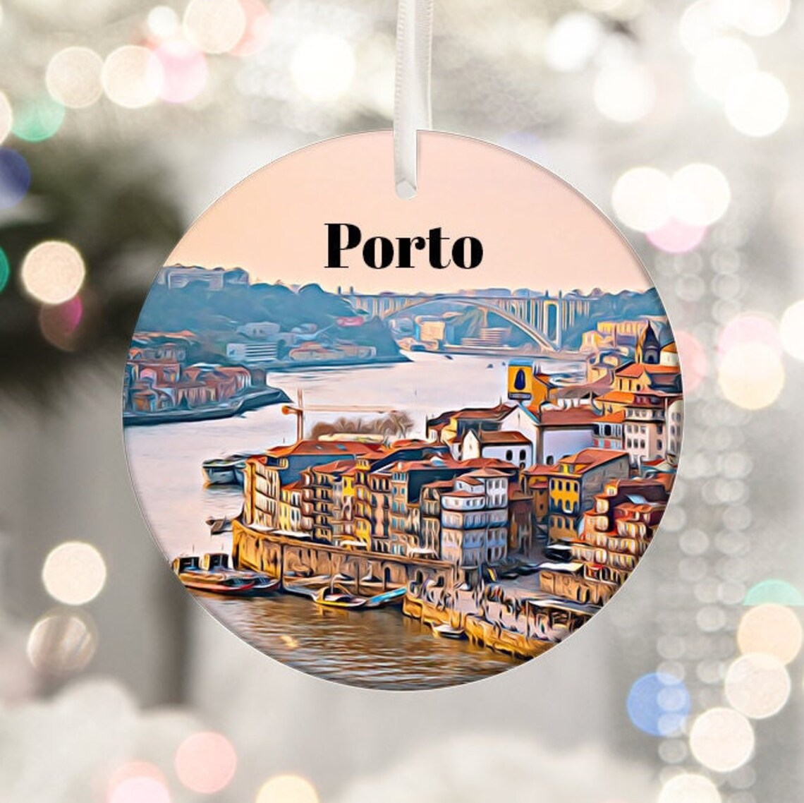 Porto Portugal Riverside Houses Bridge Christmas Ornament Print