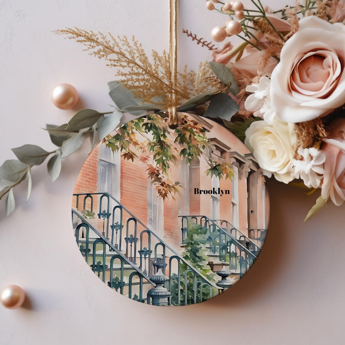 Brooklyn New York Brownstone Stoops Watercolor Christmas Ornament Print