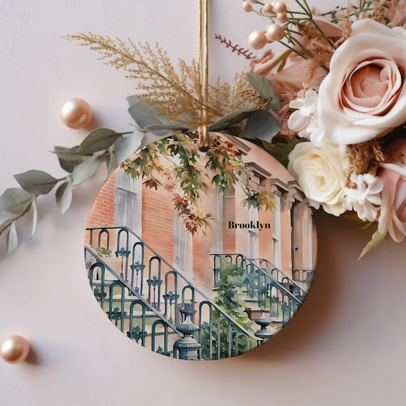 Brooklyn New York Brownstone Stoops Watercolor Christmas Ornament Print
