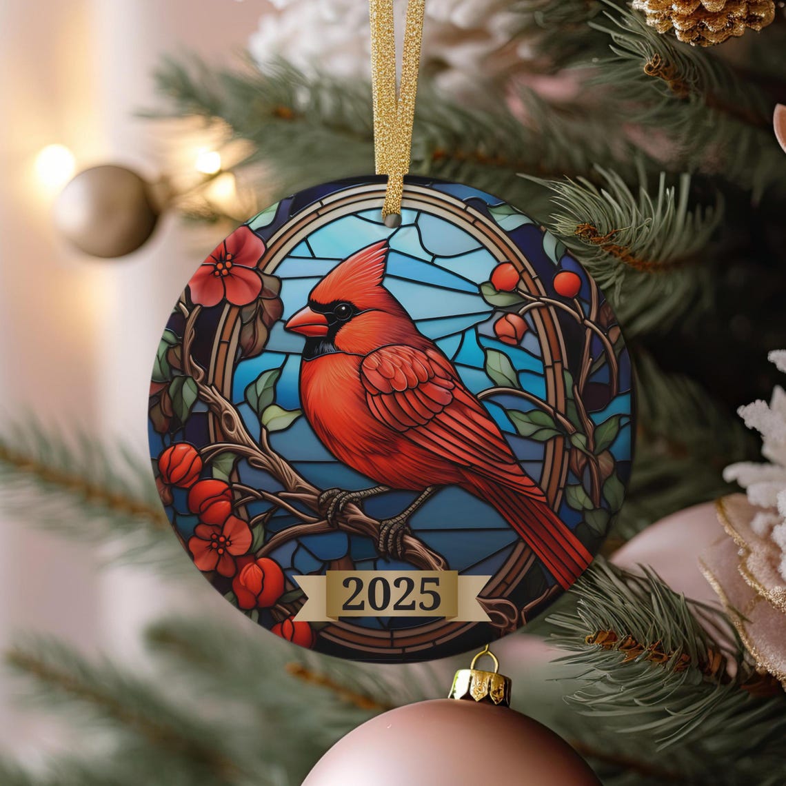 Red Cardinal Stained Glass 2025 Christmas Ornament Bird Poster