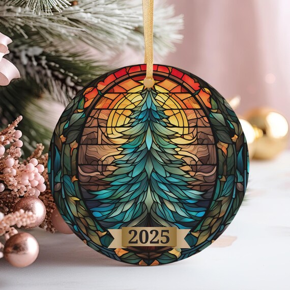 Stained Glass Evergreen 2025 Sunset Christmas Ornament Style Holiday Art Poster