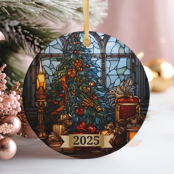 2025 Stained Glass Christmas Ornament Decorated Tree Gifts Candle Poster