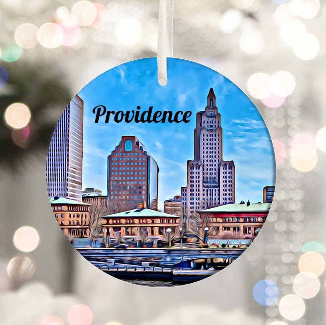 Providence Rhode Island Skyline Clock Tower Holiday Ornament Print
