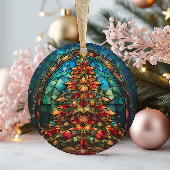 Warm Stained Glass Christmas Tree Round Ornament Art Print in Red Gold